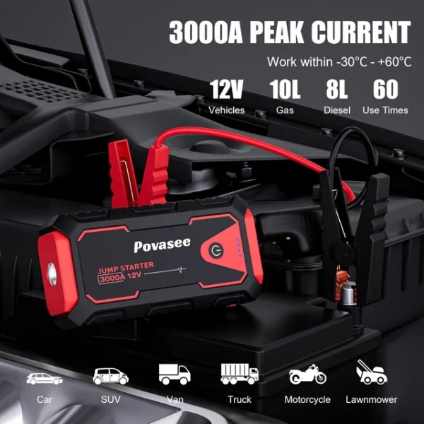 Povasee käivitusabi akupank 3000A – 12V autodele kuni 10L bensiin / 8L diisel - Image 4
