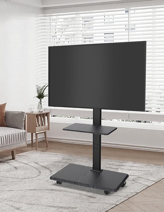 Ratastel televiisorialus musta puidust alusega 32–70 tolli teleritele – reguleeritava kõrguse ja ±25° pööratava kinnitusega TV-alus kuni 45 kg kandevõimega.