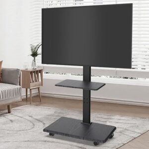 Must ratastel telerialus kahe riiuliga, sobib 32–70-tollistele lameekraan-teleritele. Minimalistlik disain ja tugev metallraam loovad modernse välimuse ning tagavad stabiilsuse nii kodus kui kontoris.