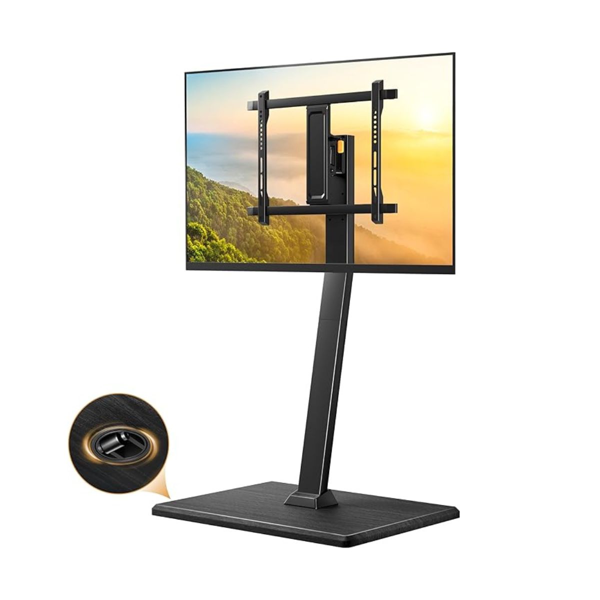 Musta värvi ratastel tv alus, ühe pika keskjalaga