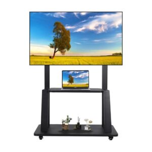 Must ratastel TV alus kahe riiuliga, sobib 32–70-tollistele teleritele. Vastupidav metallraam ja lukustatavad rattad tagavad stabiilsuse ning lihtsa liigutamise.