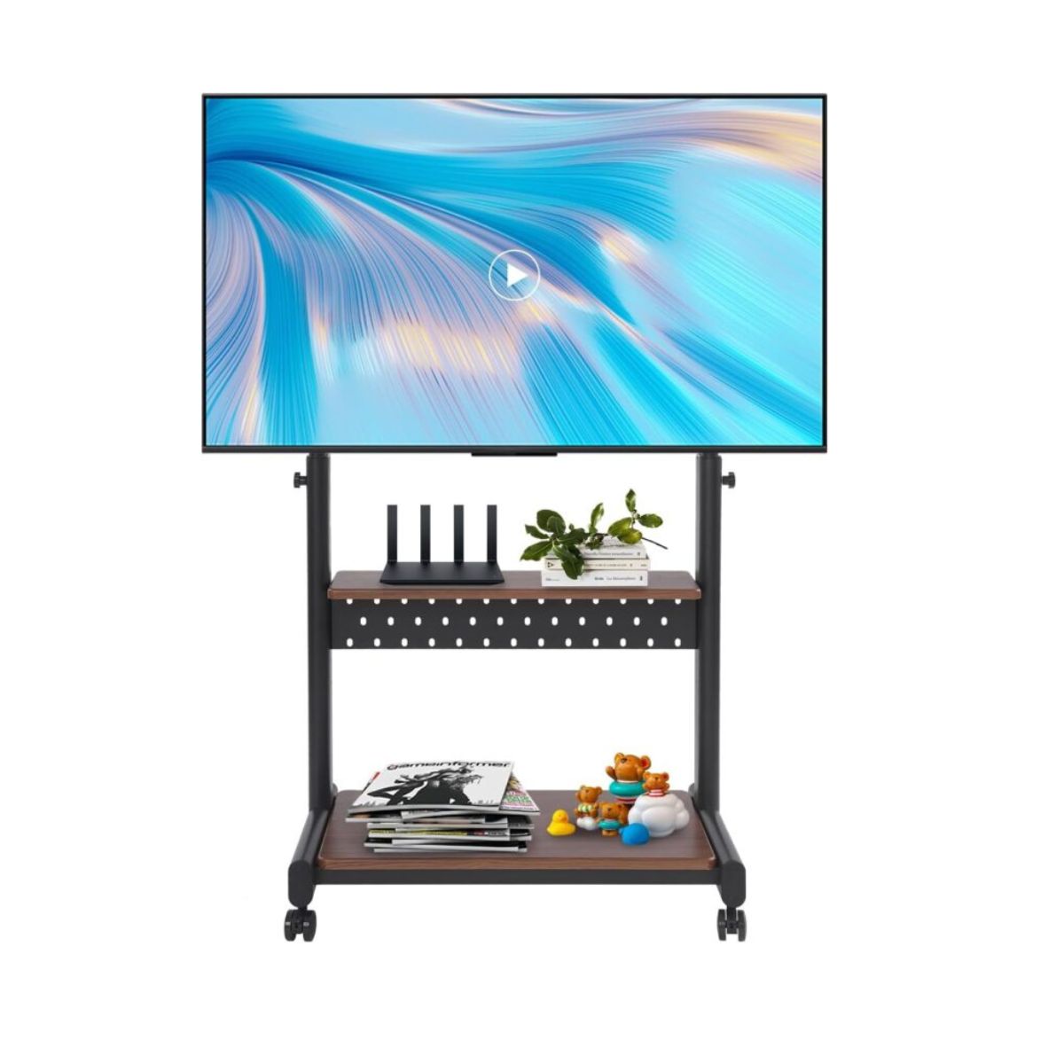 Tumepruun ratastel telerialus kahe riiuliga ja metallraamiga, sobib 32–70-tollistele teleritele. Praktiline disain pakub hoiuruumi seadmete ja raamatute jaoks, sobib hästi koju või kontorisse.