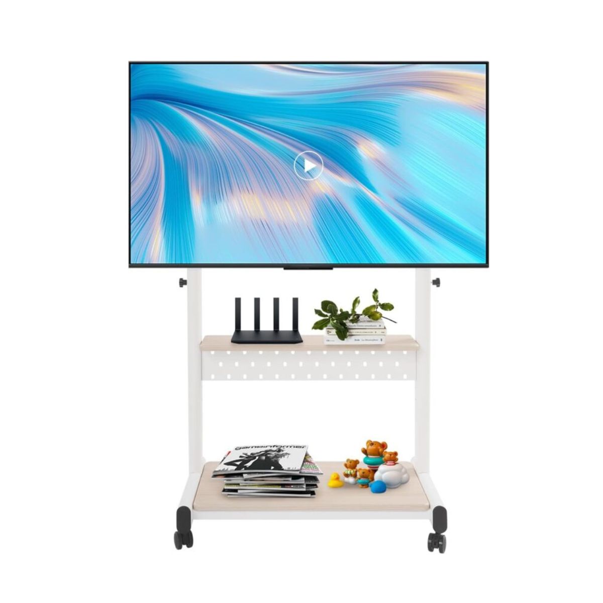 Valge ratastel telerialus kahe riiuliga, sobib 32–70-tollistele lameekraan-teleritele. Heleda viimistlusega metallraam ja praktiline hoiuruum sobivad ideaalselt modernsesse interjööri.