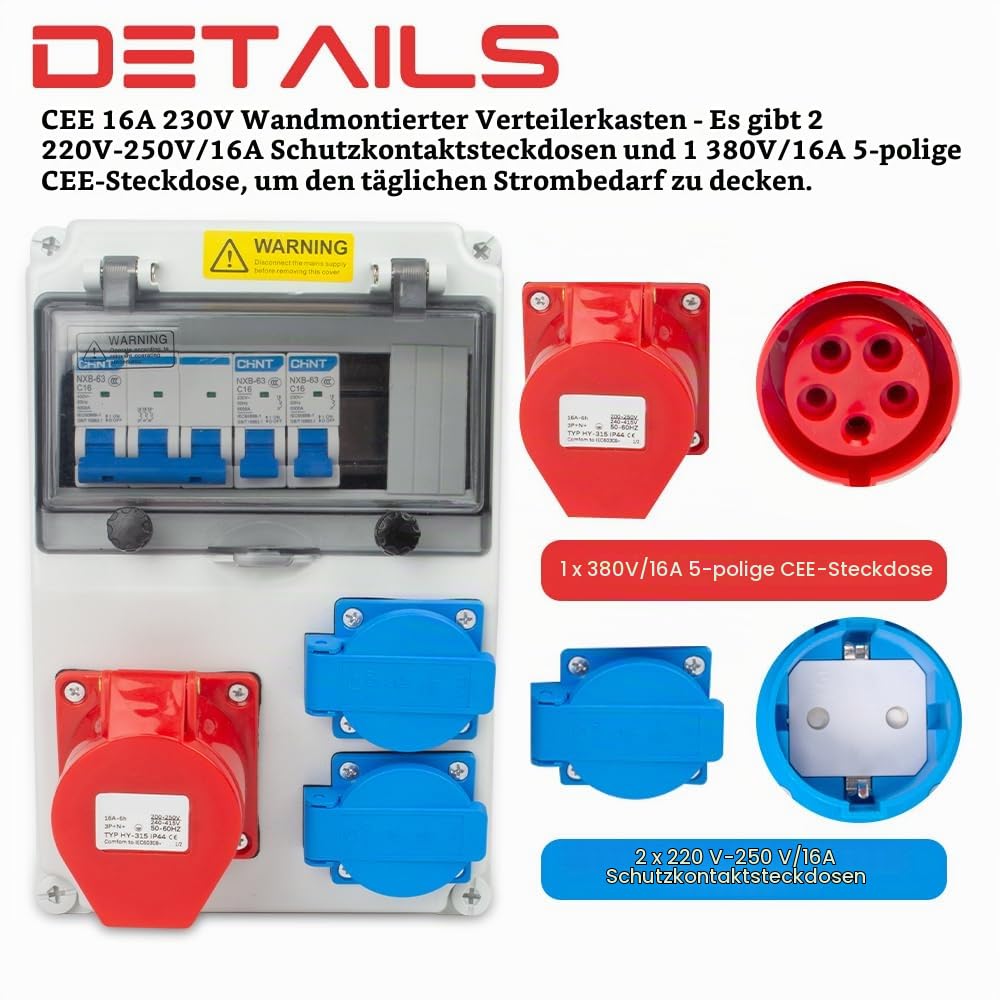 16 A elektrikilp kaitselülitiga – 2 × 230 V + 1 × CEE 16 A, IP44 - Image 3