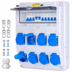 IP67 elektrikilp 8 × 230 V Schuko pistikupesa, 63 A FI ja 8 × C16 A kaitselülitiga