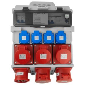 DV-5053-D TR-S/FI ehituse voolujaotur 3 × CEE 16 A, 2 × CEE 32 A ja 4 × 230 V pistikupesaga