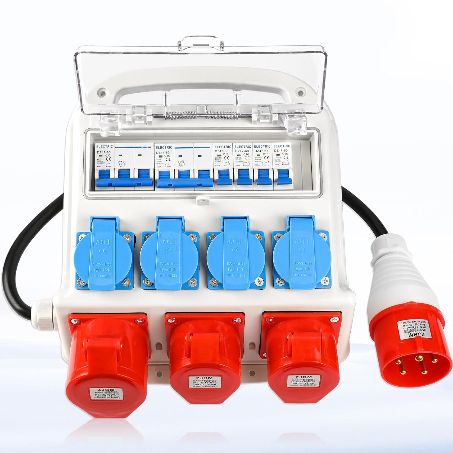 IP67 ehituselektrikilp 4 × 230 V, 2 × CEE 16 A ja 1 × CEE 32 A pistikupesaga